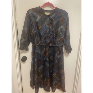 Vintage 1950s 60s Dress Berkshire Abstract Print B-Tween Size Has Belt M-L